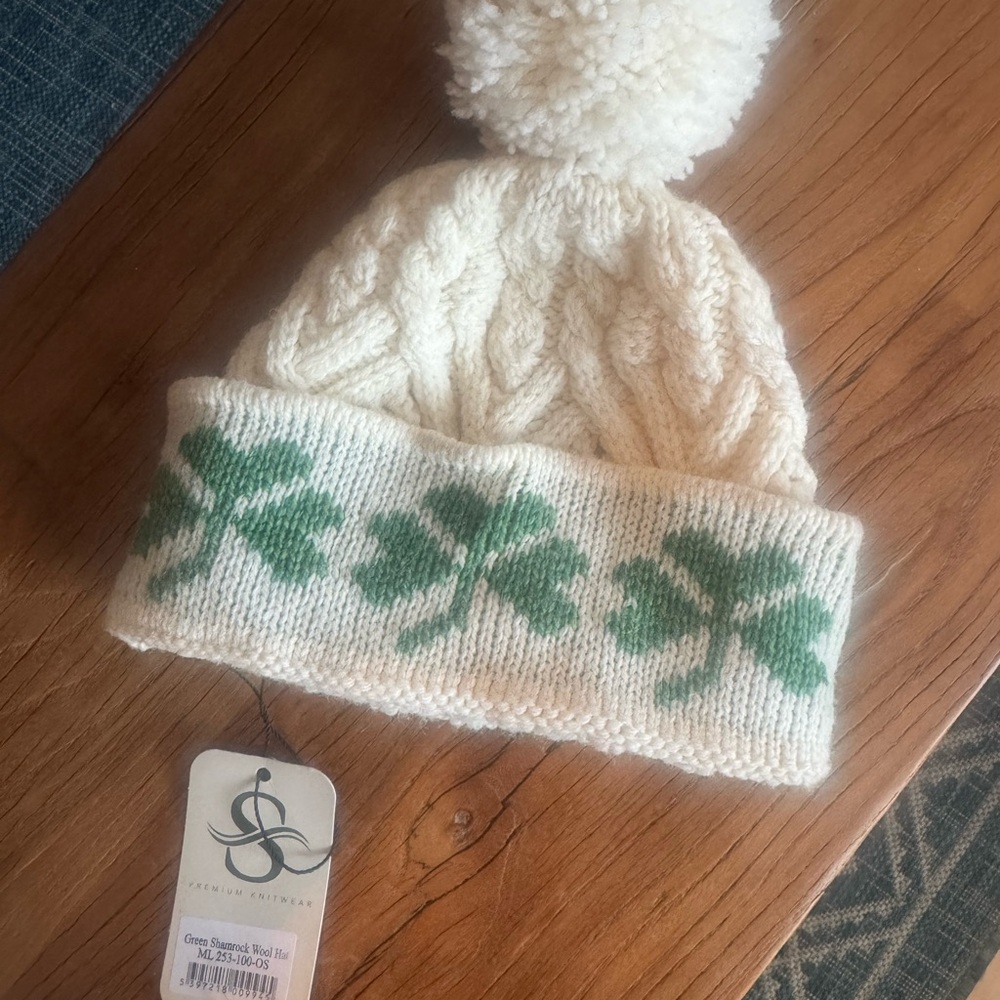 Cozy Cream and Green Knit Wool Hat